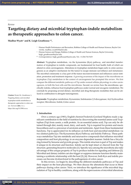 Targeting Dietary and Microbial Tryptophan-Indole Metabolism As Therapeutic Approaches to Colon Cancer