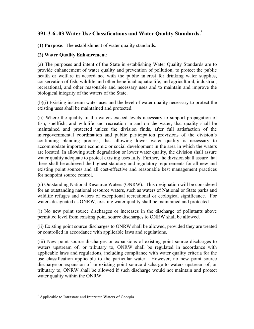 391-3-6-.03 Water Use Classifications and Water Quality Standards.*