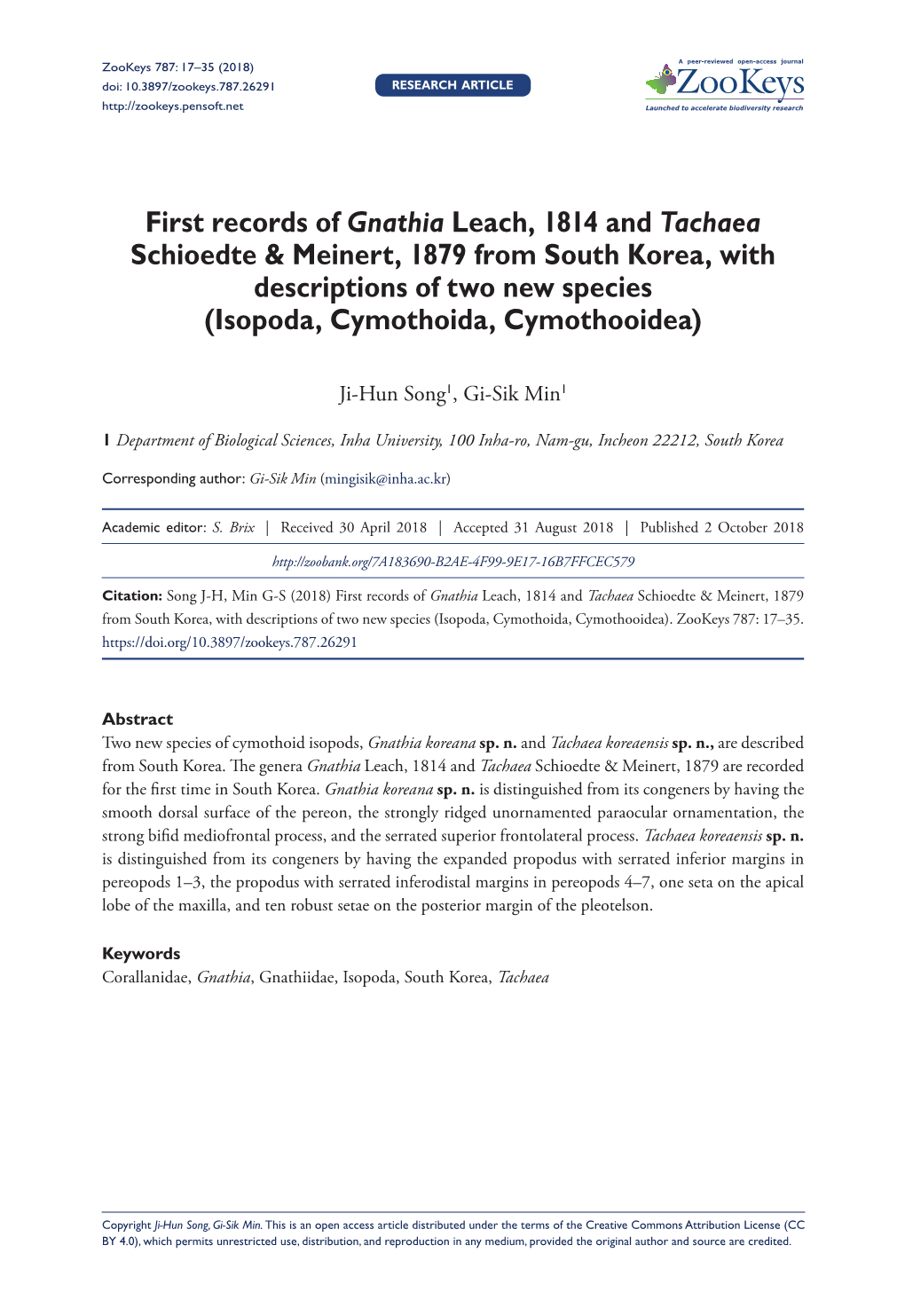 First Records of Gnathia Leach, 1814 and Tachaea Schioedte & Meinert, 1879 from South Korea, with Descriptions of Two New Sp