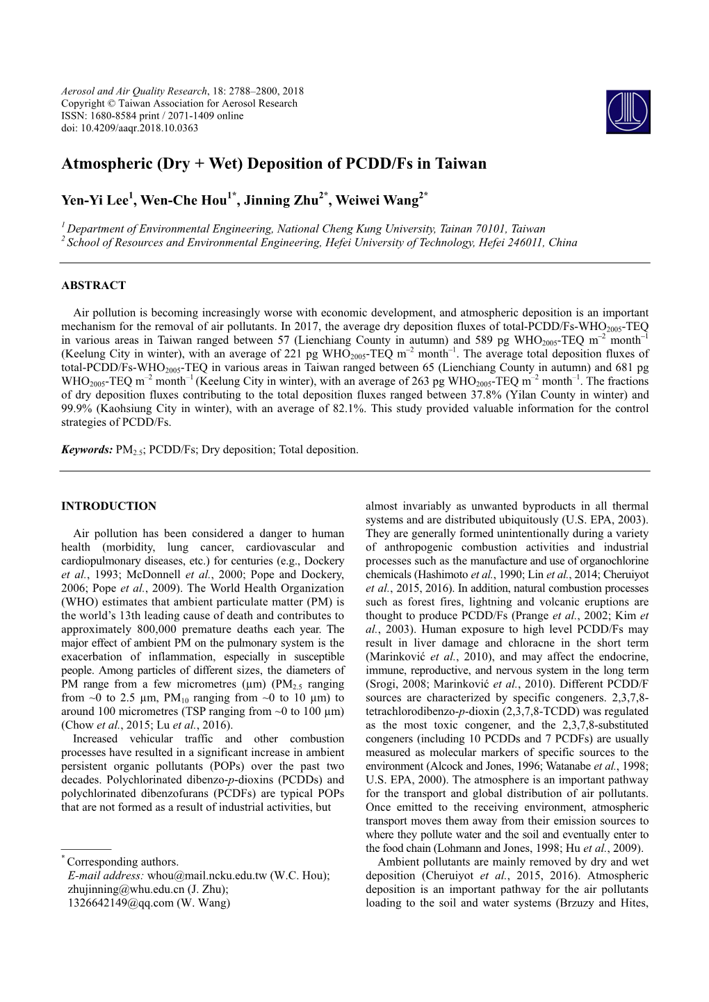 (Dry + Wet) Deposition of PCDD/Fs in Taiwan