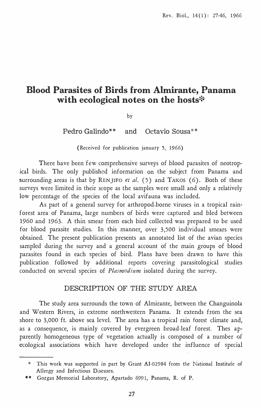 Blood Parasites of Birds from Almirante, Panama with Ecological Notes on the Hosts*