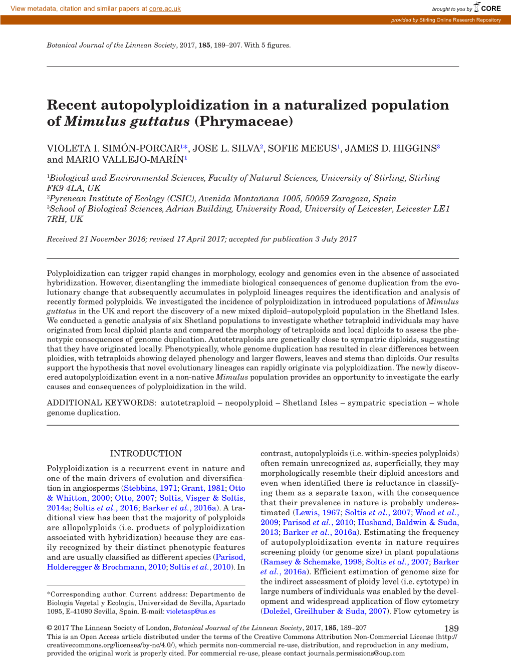 Recent Autopolyploidization in a Naturalized Population of Mimulus Guttatus (Phrymaceae)