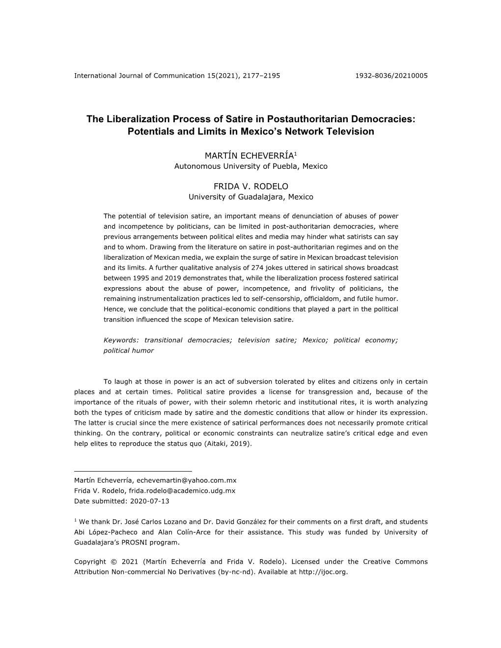 The Liberalization Process of Satire in Postauthoritarian Democracies: Potentials and Limits in Mexico’S Network Television