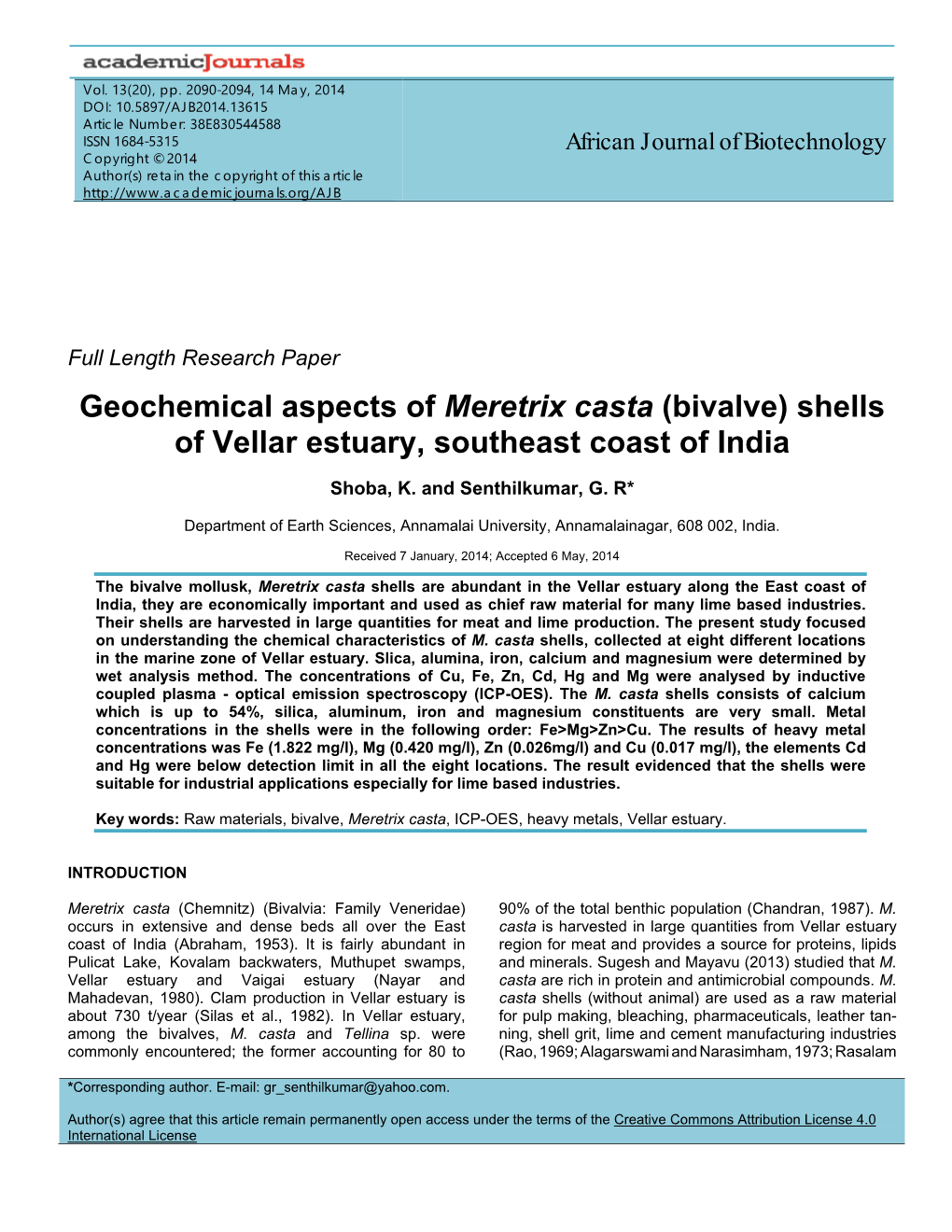 Geochemical Aspects of Meretrix Casta (Bivalve) Shells of Vellar Estuary, Southeast Coast of India