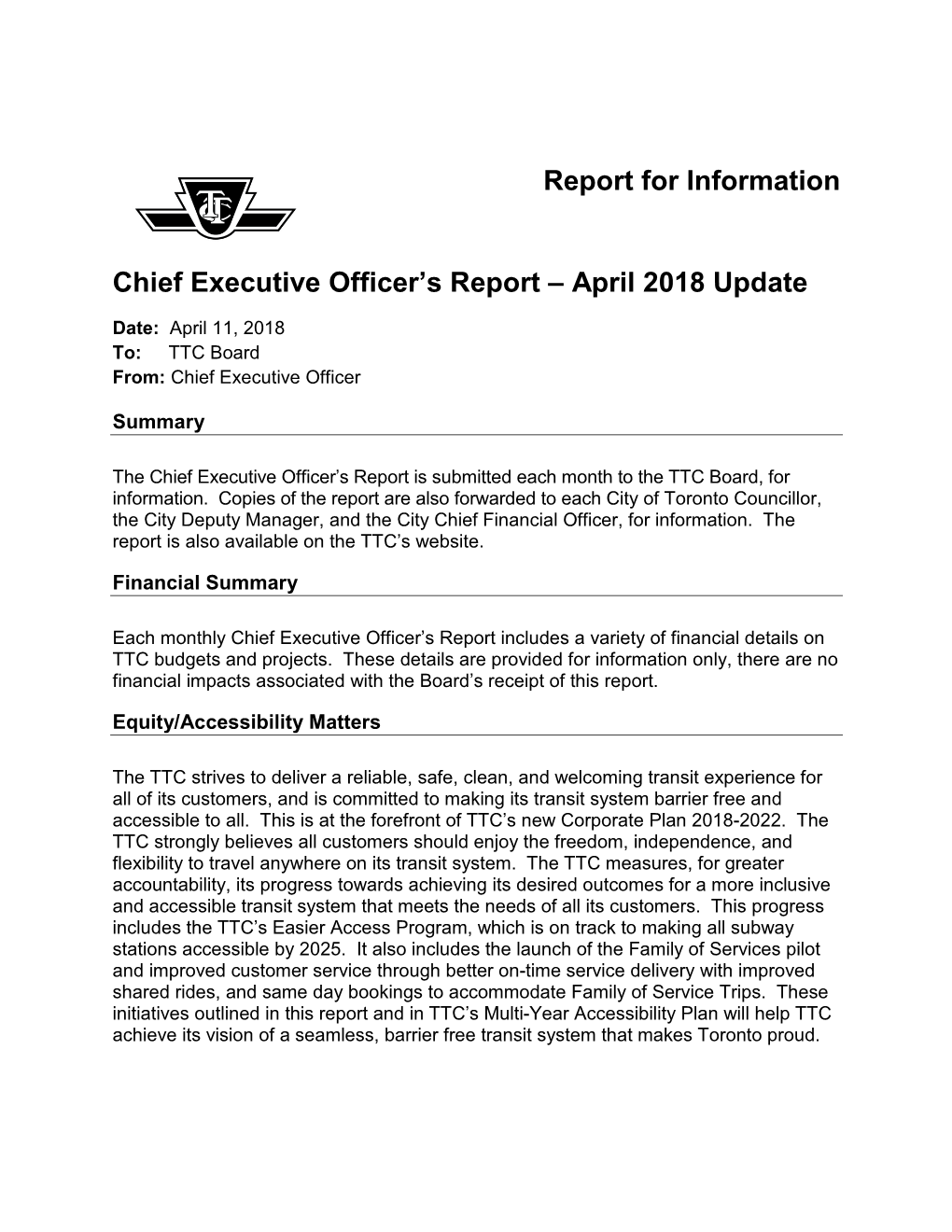 Chief Executive Officers Report April Update