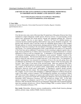 A Review of the Genus Momotus (Coraciiformes: Momotidae) in Northern South America and Adjacent Areas