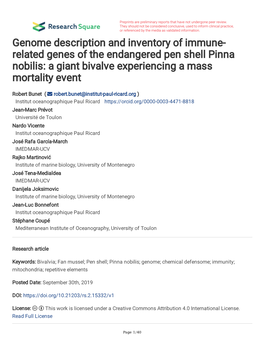 Genome Description and Inventory of Immune-Related Genes of the Endangered Pen Shell Pinna Nobilis