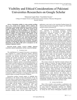Visibility and Ethical Considerations of Pakistani Universities Researchers on Google Scholar