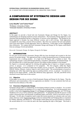 A Comparision of Systematic Design and Design for Six Sigma