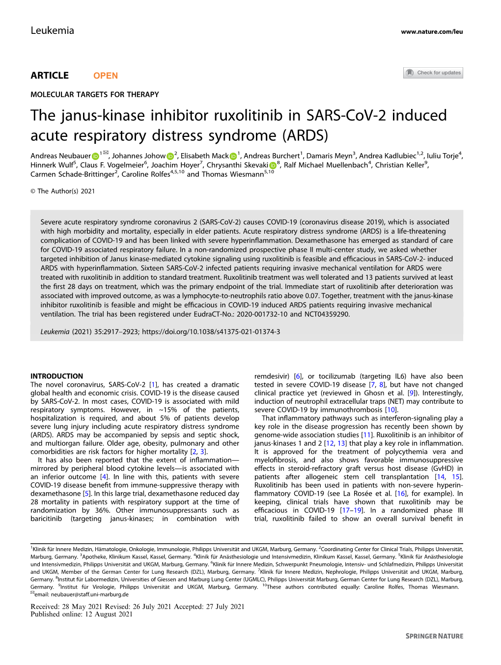 The Janus-Kinase Inhibitor Ruxolitinib in SARS-Cov-2 Induced Acute