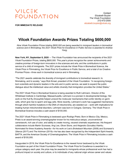 The Vilcek Foundation 2021 Prizes