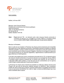 Lettre Du Protecteur Du Citoyen À La Commission Des Finances Publiques Au Sujet Du Projet De Loi No 74