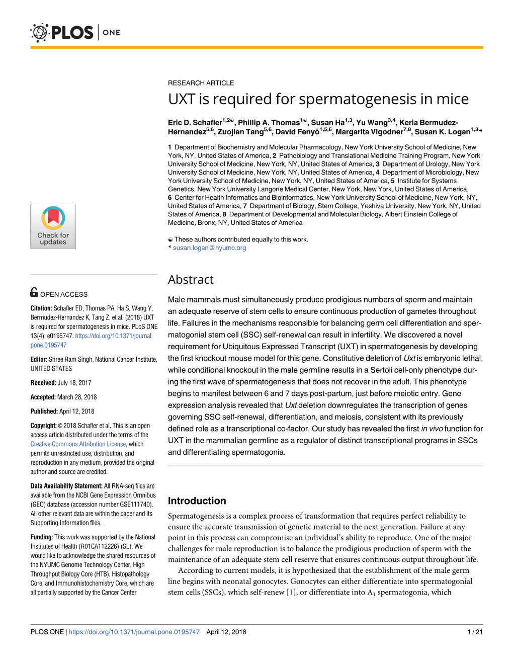 UXT Is Required for Spermatogenesis in Mice