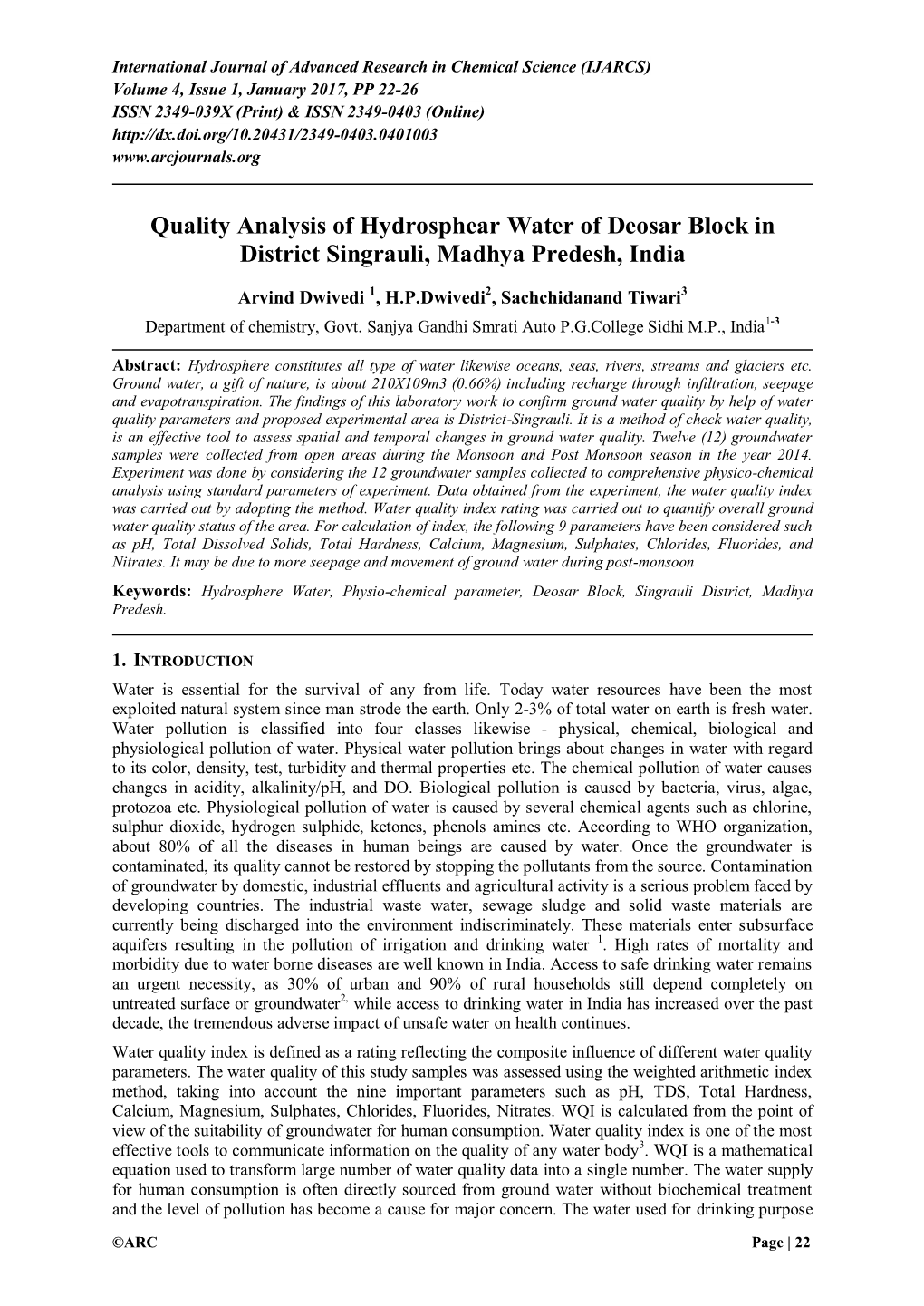 Quality Analysis of Hydrosphear Water of Deosar Block in District Singrauli, Madhya Predesh, India