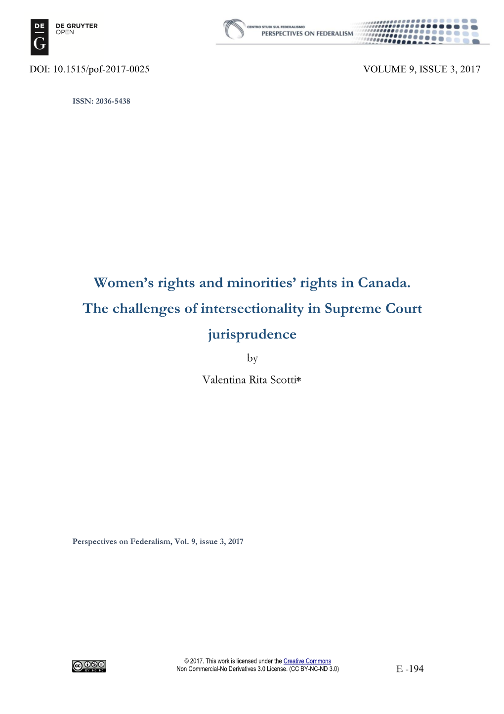 Women's Rights and Minorities' Rights in Canada. the Challenges Of