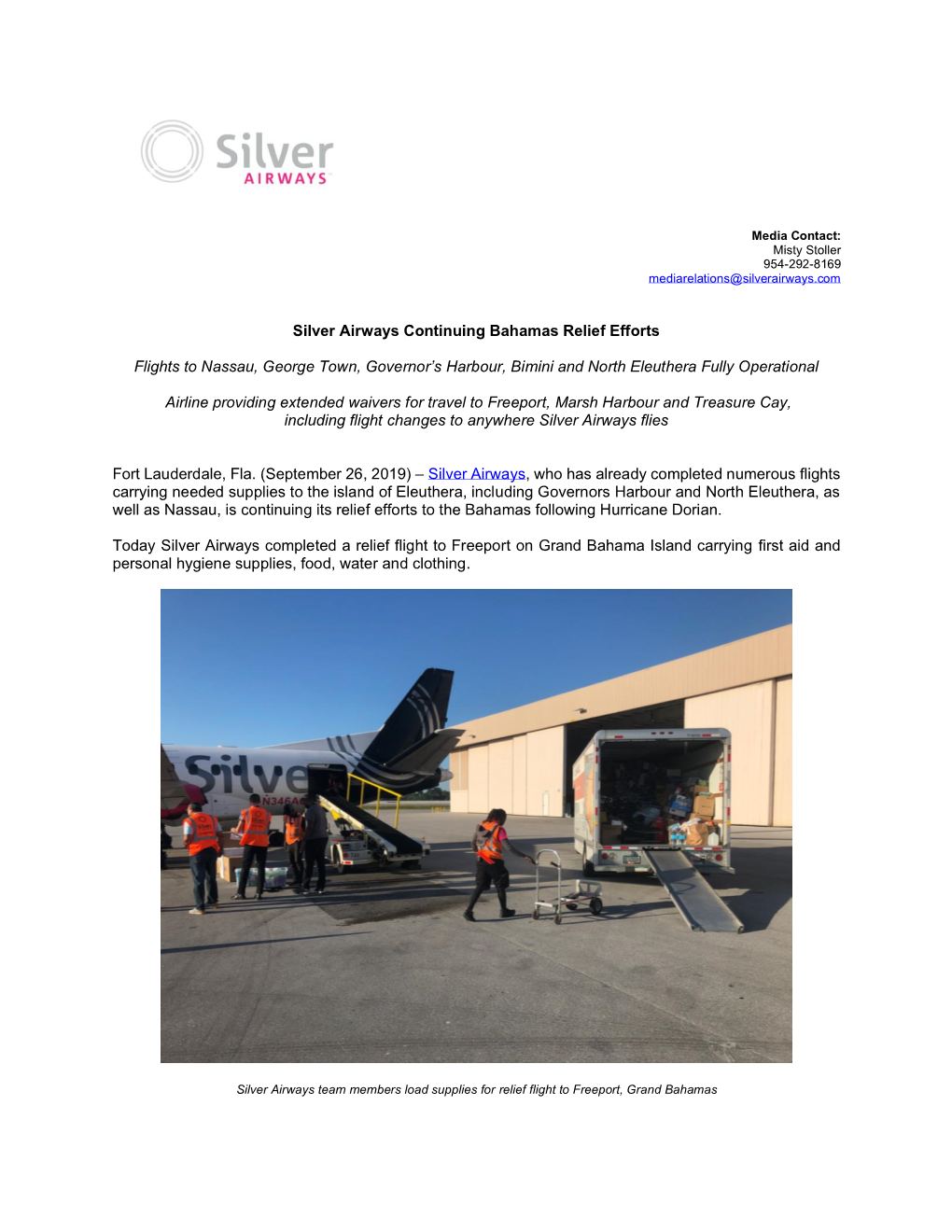 Silver Airways Continuing Bahamas Relief Efforts Flights to Nassau, George Town, Governor's Harbour, Bimini and North Eleuther