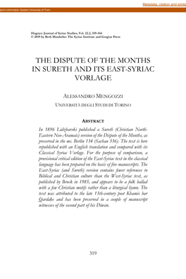 The Dispute of the Months in Sureth and Its East-Syriac Vorlage