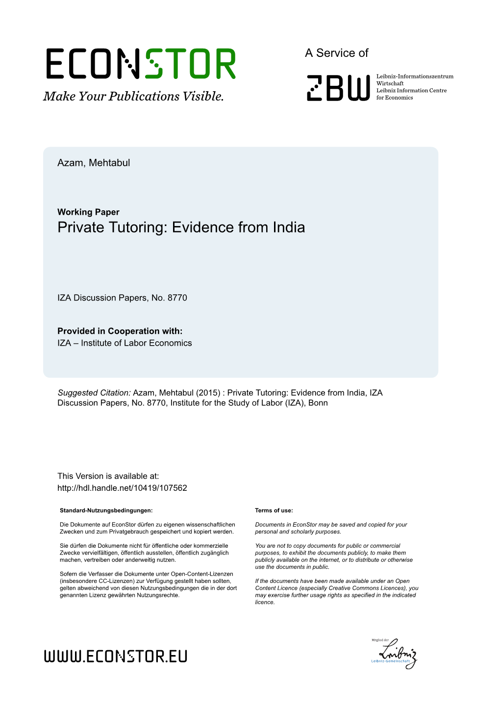 Private Tutoring: Evidence from India