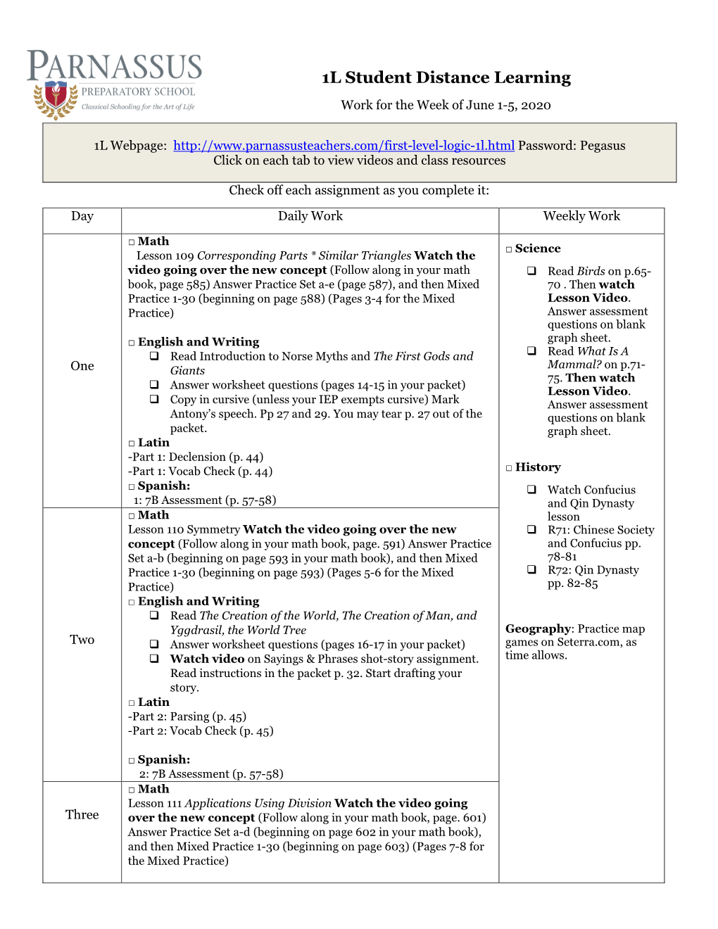 1L Student Distance Learning Work for the Week of June 1-5, 2020