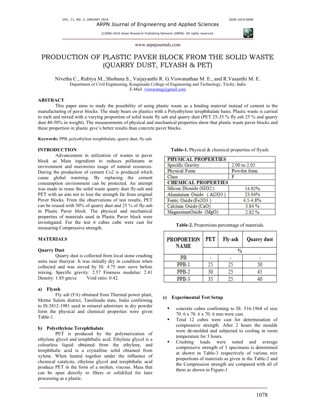 Production of Plastic Paver Block from the Solid Waste (Quarry Dust, Flyash & Pet)