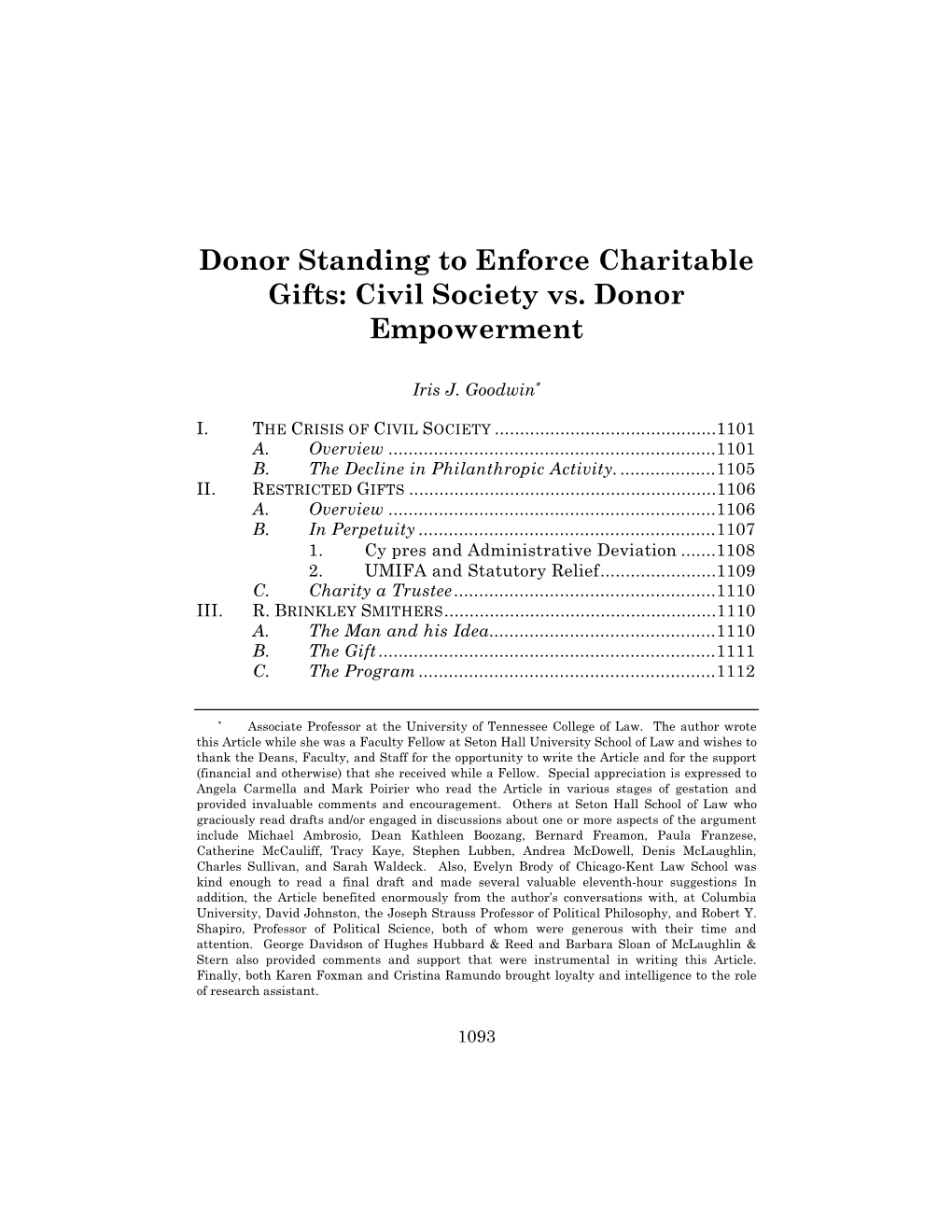 Donor Standing to Enforce Charitable Gifts: Civil Society Vs