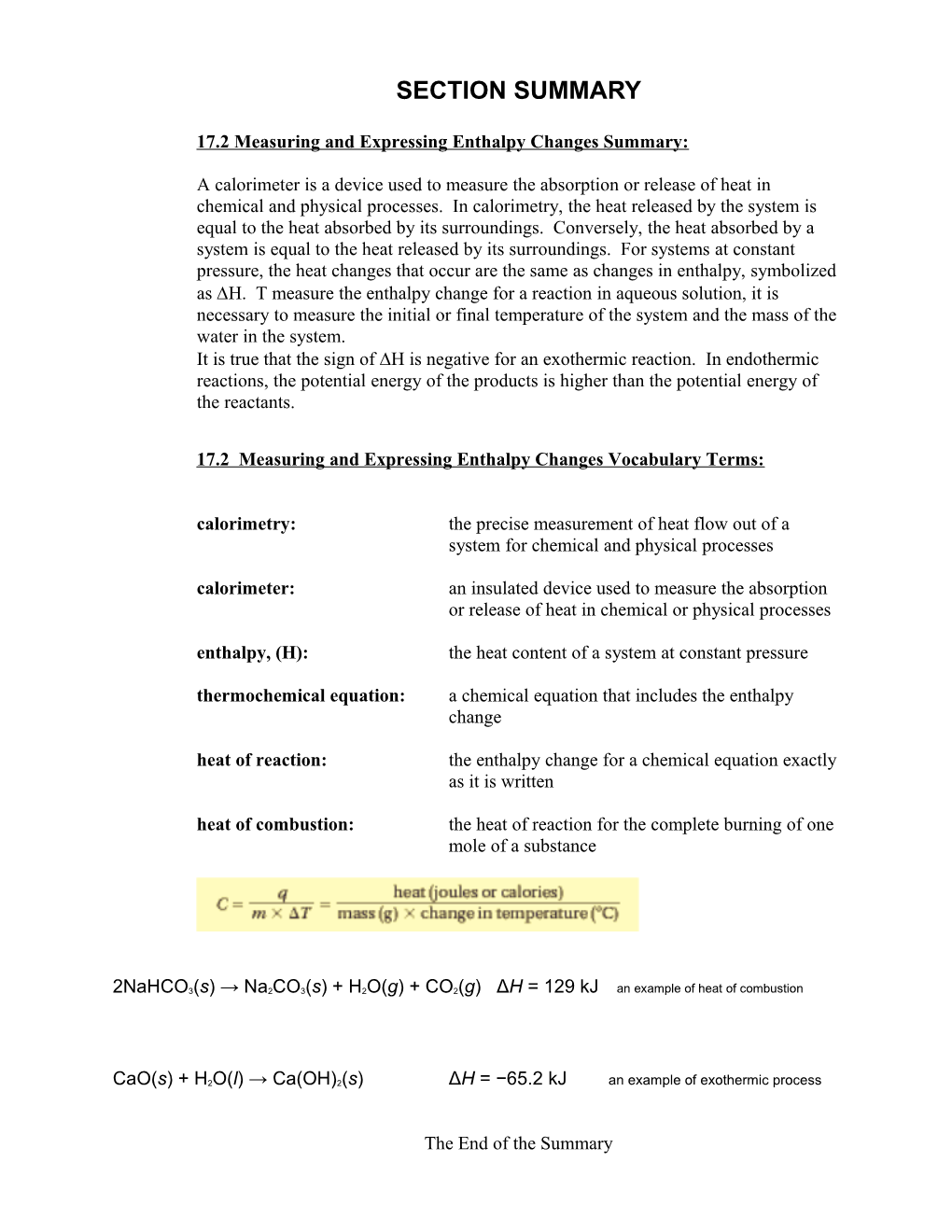 17.2 Measuring and Expressing Enthalpy Changes Summary