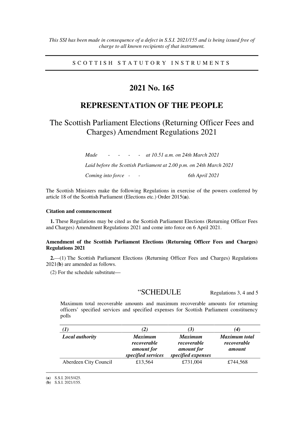 The Scottish Parliament Elections (Returning Officer Fees and Charges) Amendment Regulations 2021