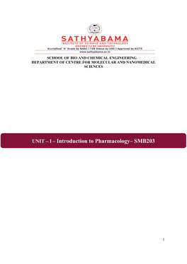 I – Introduction to Pharmacology– SMB203