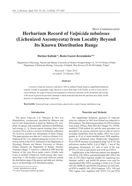 Herbarium Record of Vulpicida Tubulosus (Lichenized Ascomycota) from Locality Beyond Its Known Distribution Range