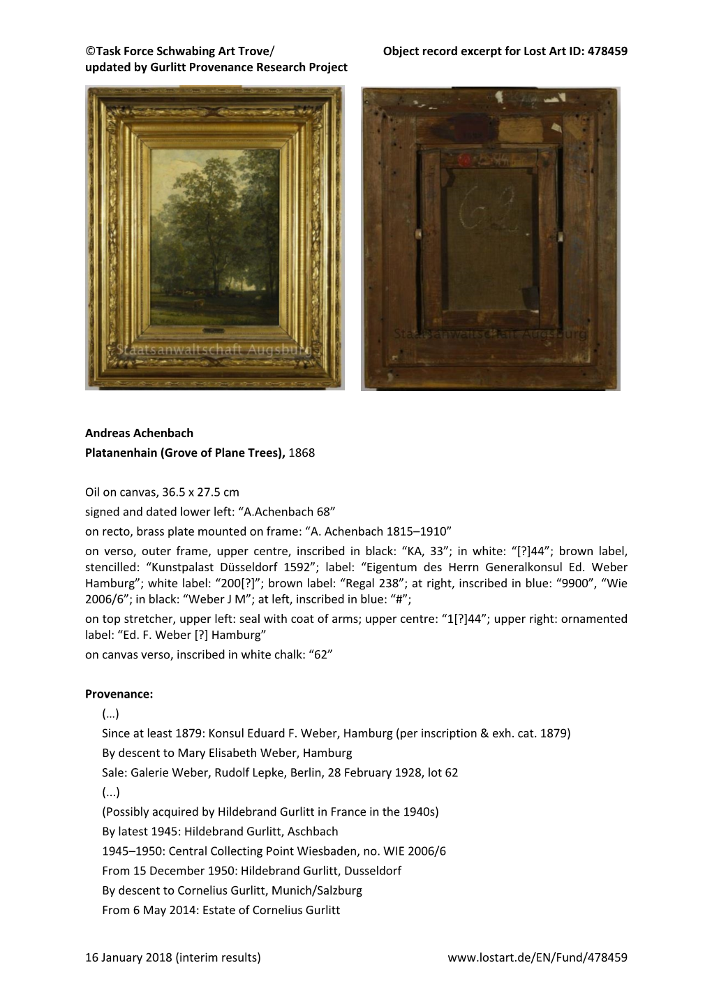 Task Force Schwabing Art Trove/ Object Record Excerpt for Lost Art ID: 478459 Updated by Gurlitt Provenance Research Project