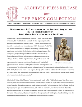 ARCHIVED PRESS RELEASE from the FRICK COLLECTION