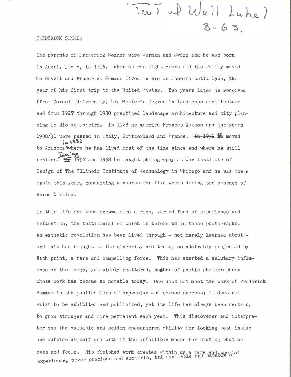 "3 Moved I� \�'S L to Arizona�Where He Has Lived Most of the Time Since and Where He Still M Resides� �57 and 1958 He Taught Photography at the Institute Of