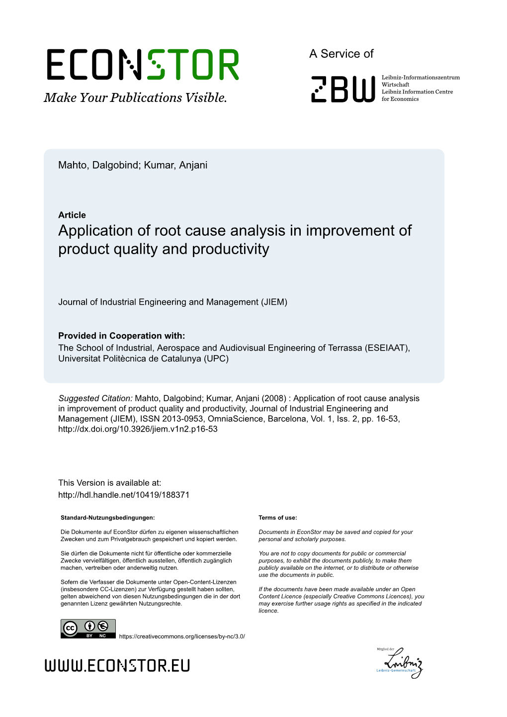 Application of Root Cause Analysis in Improvement of Product Quality and Productivity