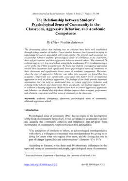 The Relationship Between Students' Psychological Sense of Community in the Classroom, Aggressive Behavior, and Academic Compet