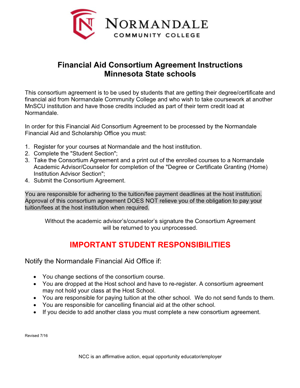 Financial Aid Consortium Agreement Instructions Minnesota State Schools