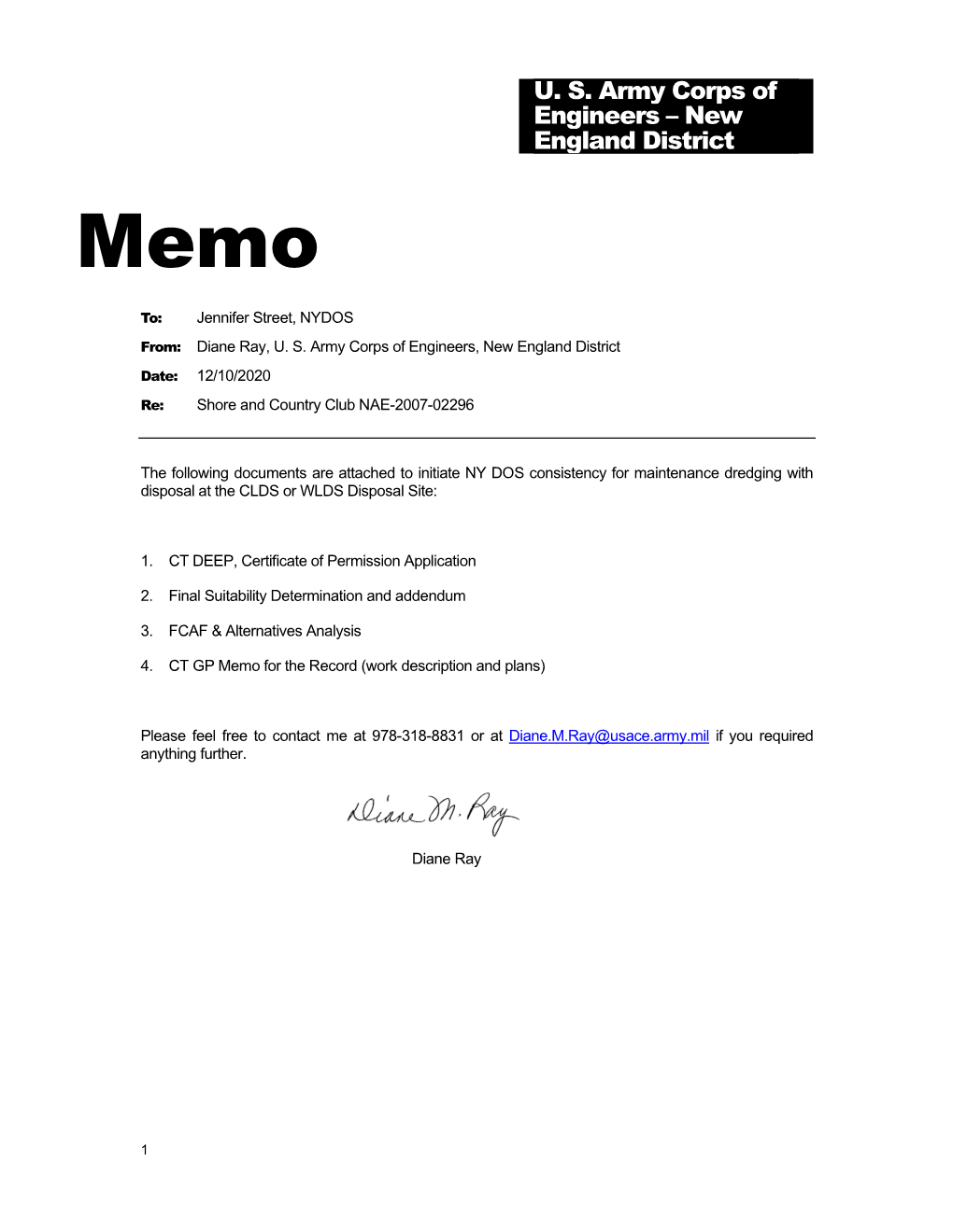 U. S. Army Corps of Engineers – New England District Memo