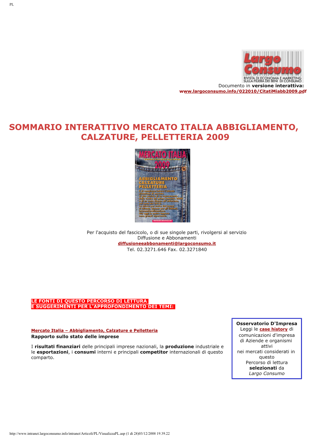 Sommario Interattivo Mercato Italia Abbigliamento, Calzature, Pelletteria 2009