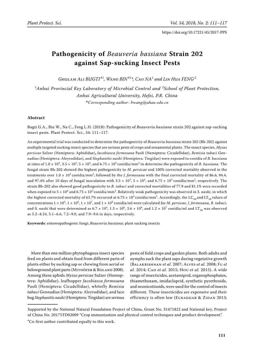 Pathogenicity of Beauveria Bassiana Strain 202 Against Sap-Sucking Insect Pests