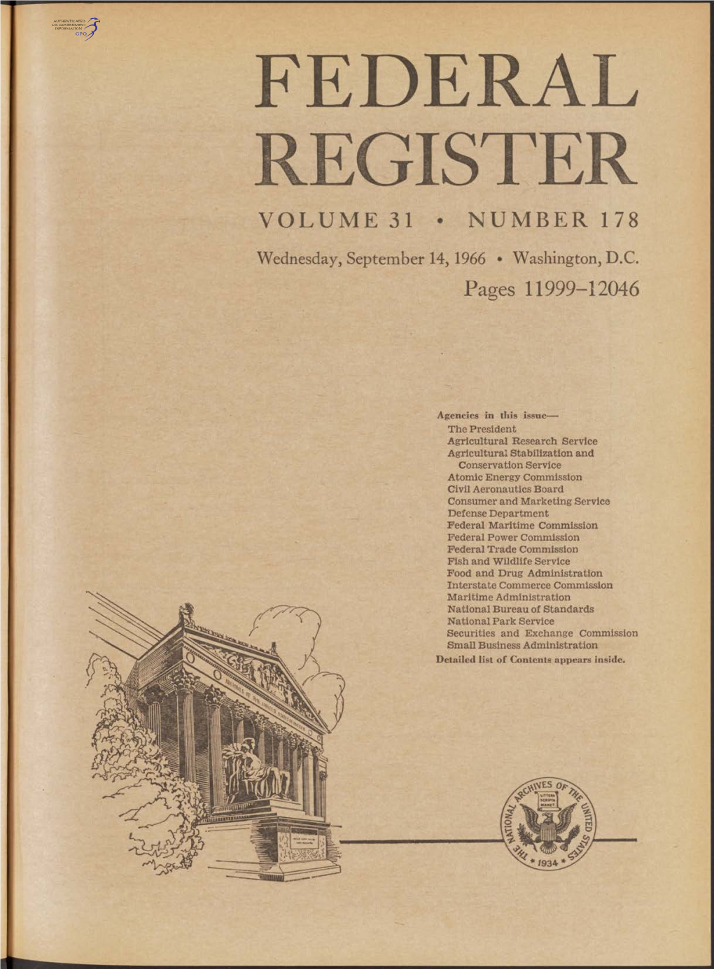 Federal Register Volume 31 • Number 178