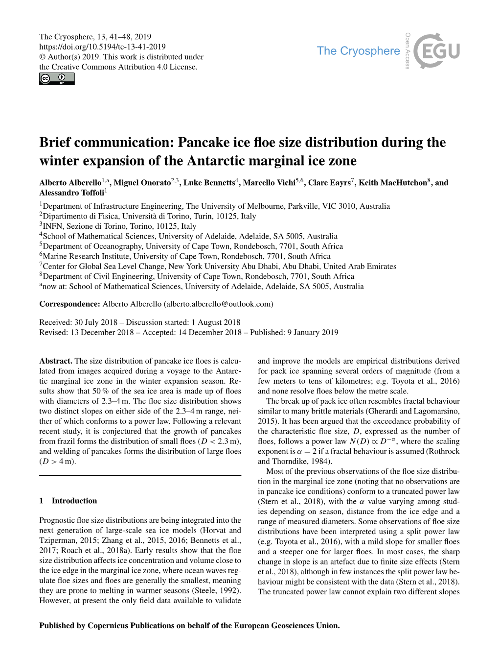 Brief Communication: Pancake Ice Floe Size Distribution During the Winter Expansion of the Antarctic Marginal Ice Zone