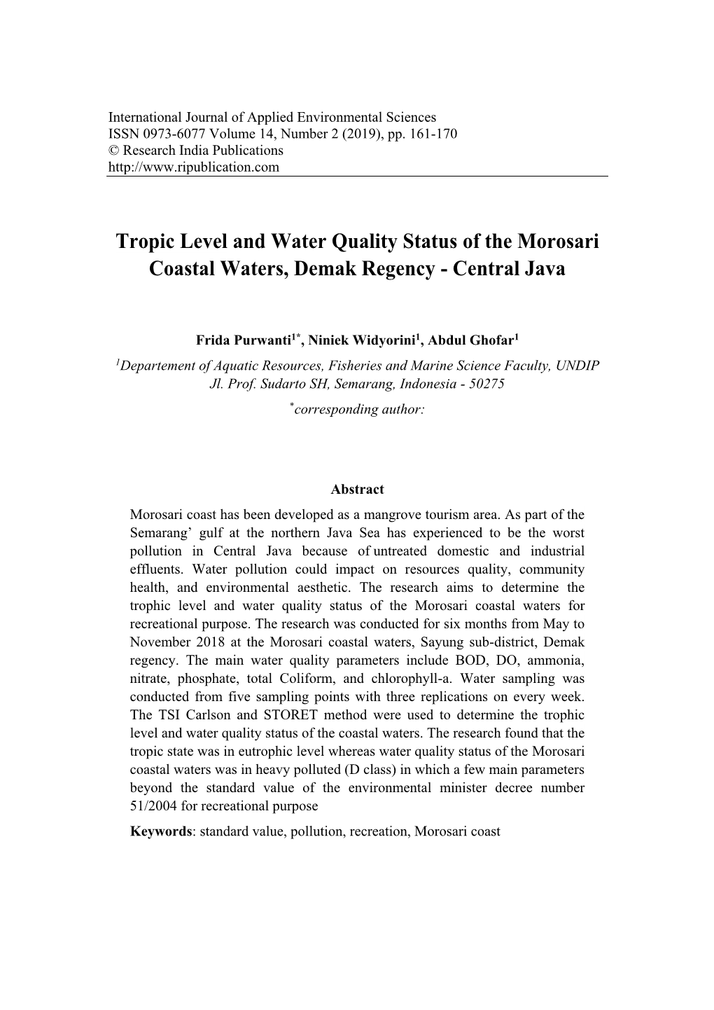 Tropic Level and Water Quality Status of the Morosari Coastal Waters, Demak Regency - Central Java