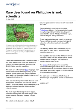 Rare Deer Found on Philippine Island: Scientists 28 May 2009