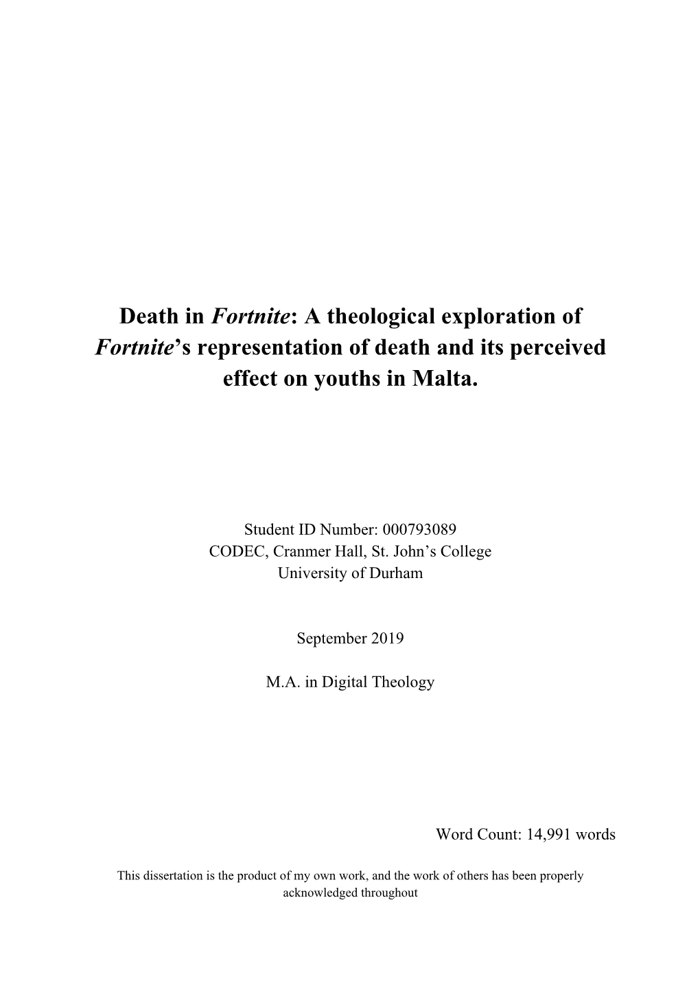 Death in Fortnite: a Theological Exploration of Fortnite’S Representation of Death and Its Perceived Effect on Youths in Malta