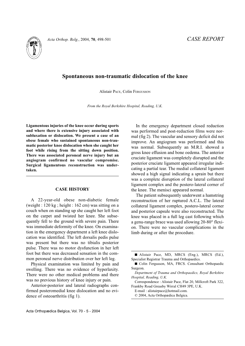 CASE REPORT Spontaneous Non-Traumatic Dislocation of the Knee