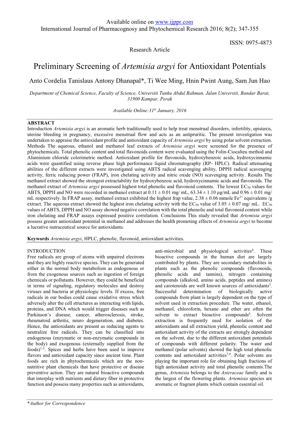 Preliminary Screening of Artemisia Argyi for Antioxidant Potentials