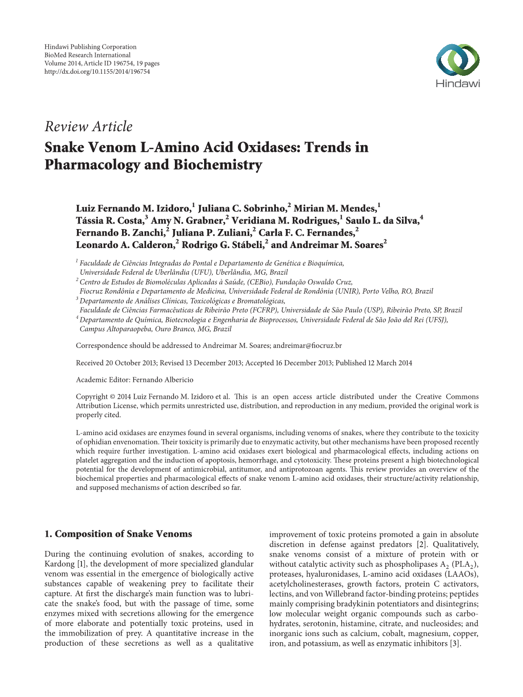 Review Article Snake Venom L-Amino Acid Oxidases: Trends in Pharmacology and Biochemistry