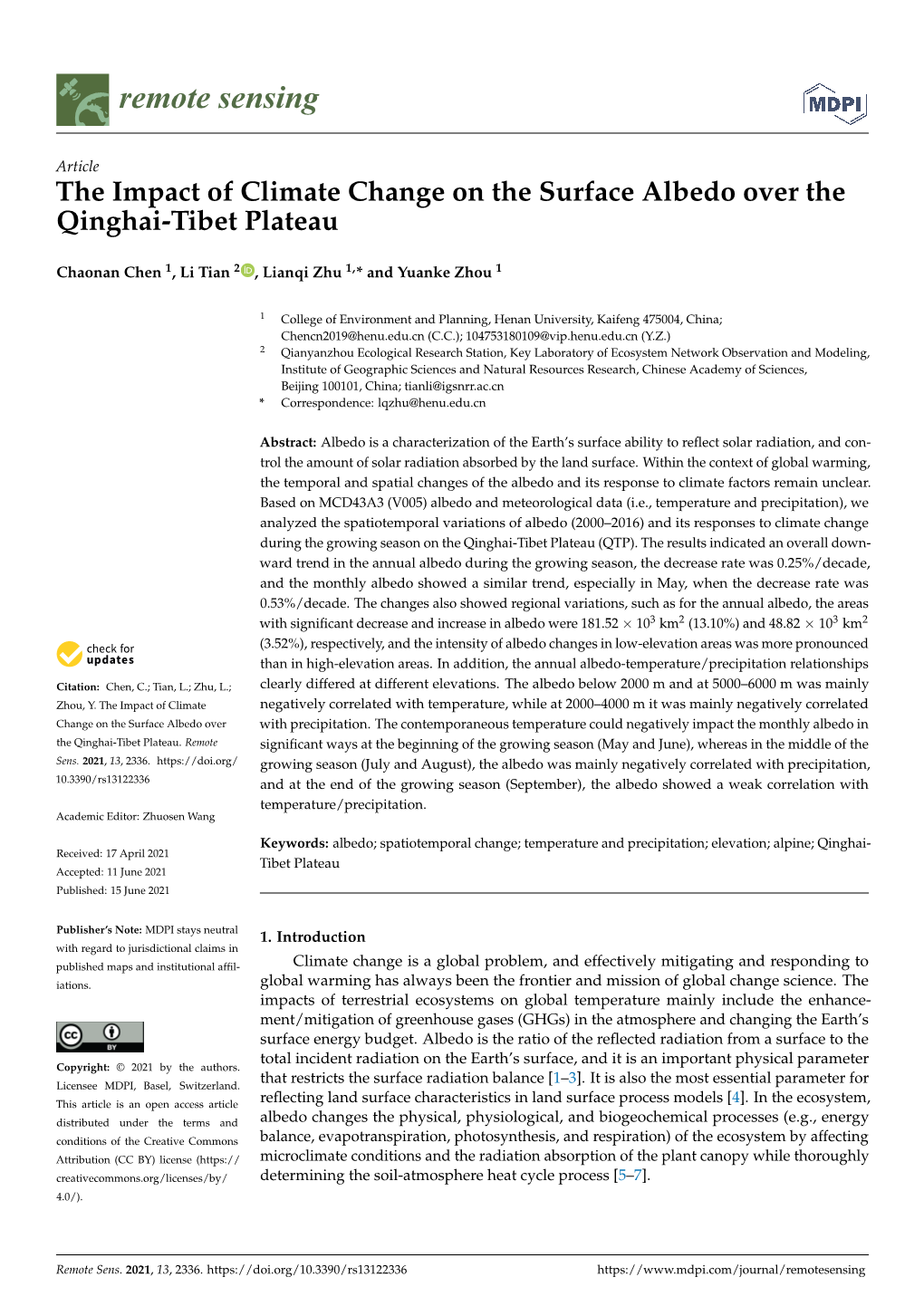 The Impact of Climate Change on the Surface Albedo Over the Qinghai-Tibet Plateau