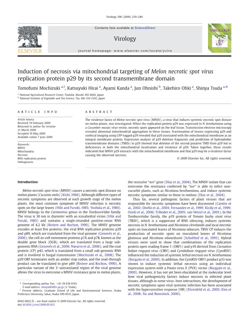 Induction of Necrosis Via Mitochondrial Targeting of Melon Necrotic Spot Virus Replication Protein P29 by Its Second Transmembrane Domain