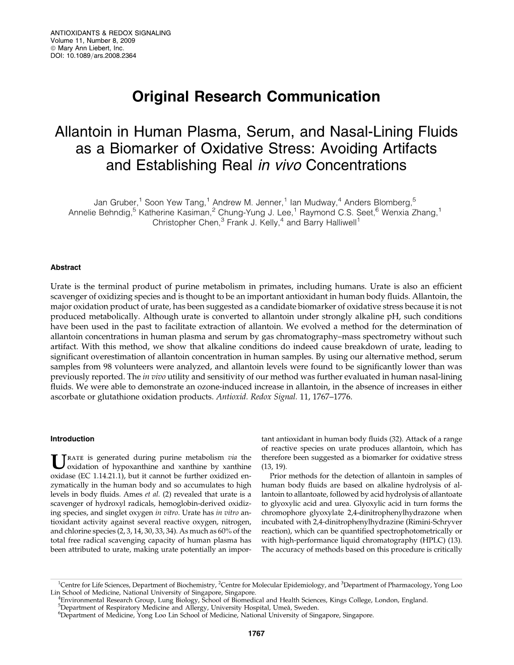 Allantoin in Human Plasma, Serum, and Nasal-Lining Fluids As a Biomarker of Oxidative Stress: Avoiding Artifacts and Establishing Real in Vivo Concentrations