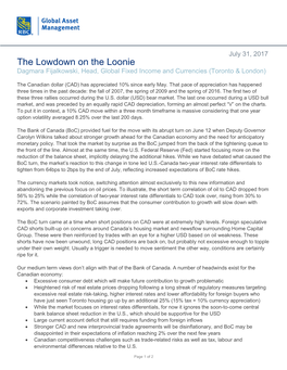The Lowdown on the Loonie Dagmara Fijalkowski, Head, Global Fixed Income and Currencies (Toronto & London)